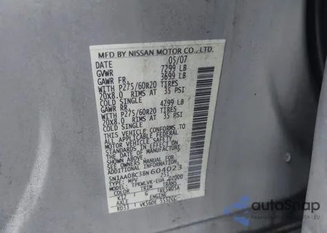 2008 Nissan Armada Le z USA, uszkodzony, nr VIN 5N1AA08C38N604023